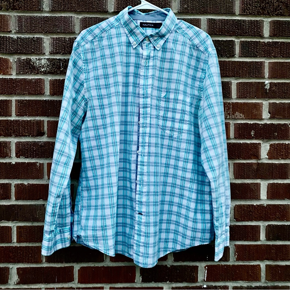 Nautica White Blue Green Button-down Long Sleeve front pocket Plaid Shirt Sz L